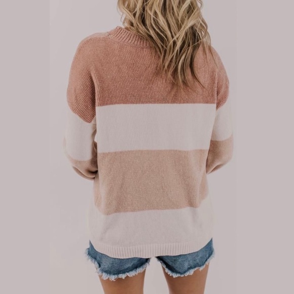 Roolee Sweaters - Roolee Chenille Sweater Pink/White Stripe Size Small